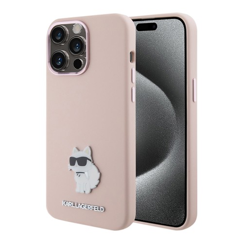 Karl Lagerfeld для iPhone 15 Pro Max чехол Liquid silicone NFT Choupette metal pin Hard Pink