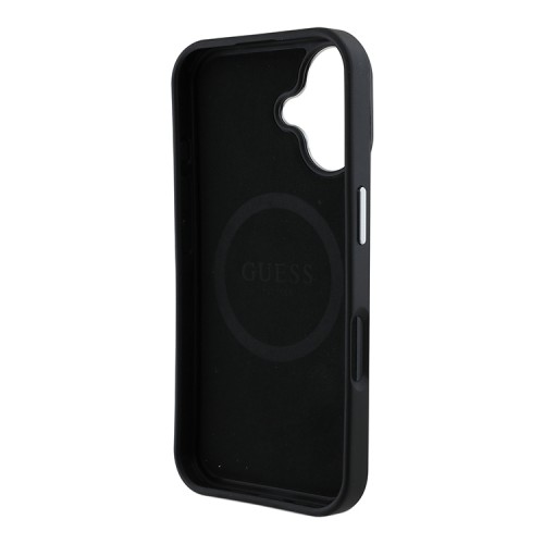 Guess для iPhone 16 чехол PU Grained leather Triangle metal logo Hard Black (MagSafe)