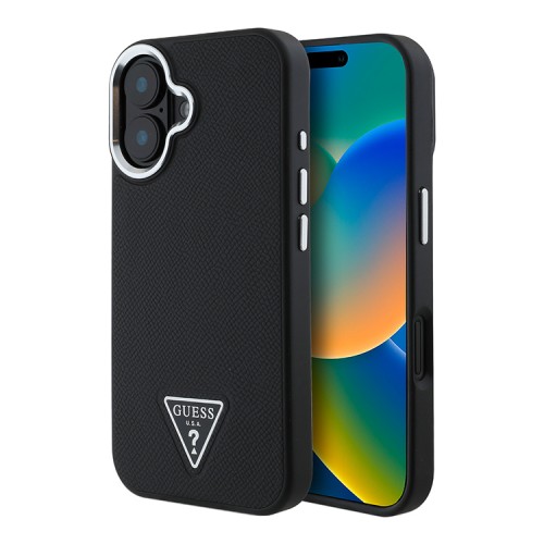 Guess для iPhone 16 чехол PU Grained leather Triangle metal logo Hard Black (MagSafe)