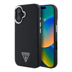 Guess для iPhone 16 чехол PU Grained leather Triangle metal logo Hard Black (MagSafe)