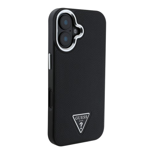 Guess для iPhone 16 чехол PU Grained leather Triangle metal logo Hard Black (MagSafe)