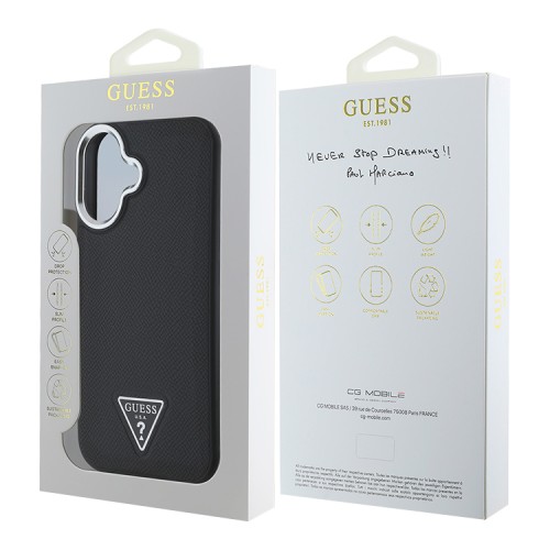 Guess для iPhone 16 чехол PU Grained leather Triangle metal logo Hard Black (MagSafe)