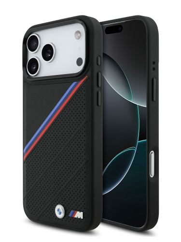 BMW для iPhone 17 Pro Max чехол M-series PU Perf/Smooth Tricolor Metal logo Hard Black (MagSafe)