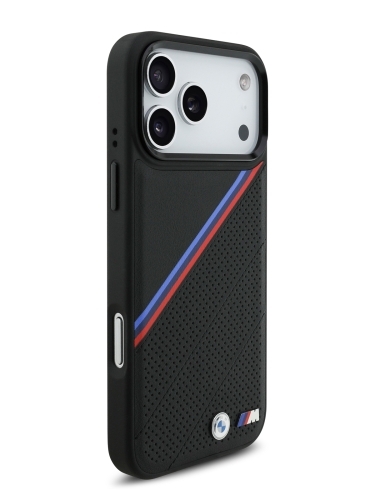 BMW для iPhone 17 Pro Max чехол M-series PU Perf/Smooth Tricolor Metal logo Hard Black (MagSafe)
