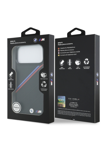 BMW для iPhone 17 Pro Max чехол M-series PU Perf/Smooth Tricolor Metal logo Hard Black (MagSafe)