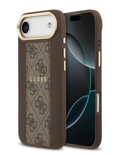 Guess для iPhone Air чехол PU 4G Stripe Classic metal logo Gold camera Hard Brown (MagSafe)