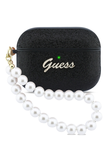 Guess для Airpods Pro 3 чехол Glitter flakes Metal logo with Pearl hand strap Black