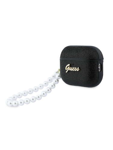 Guess для Airpods Pro 3 чехол Glitter flakes Metal logo with Pearl hand strap Black