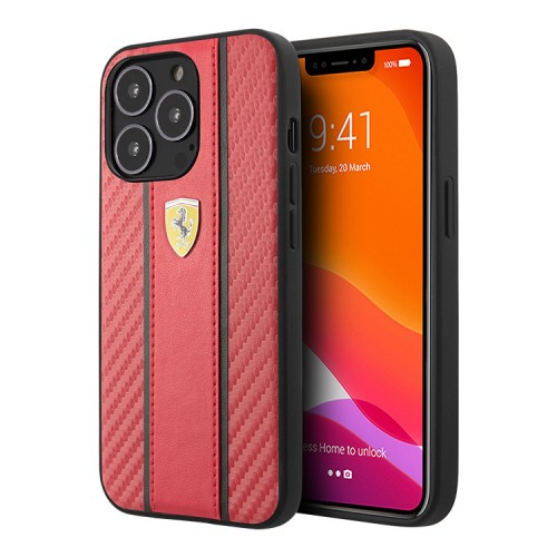 Чехол Ferrari PU Carbon/Smooth with metal logo Hard для iPhone 13 Pro, красный