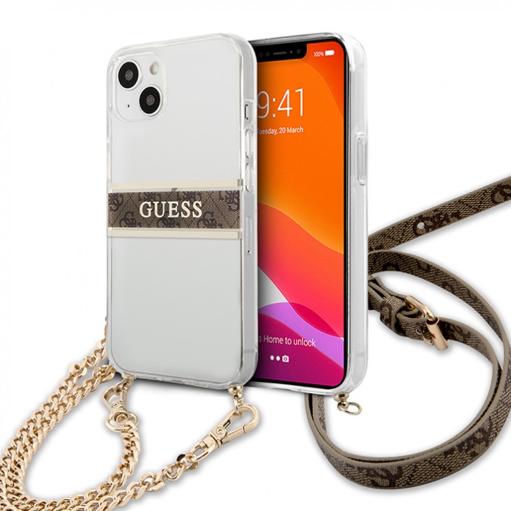 Чехол Guess 4G Stripe Hard Transparent +Gold crossbody chain для iPhone 13