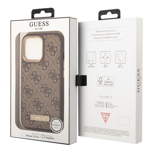 Чехол Guess PU 4G Plate metal logo Hard для iPhone 13 Pro, коричневый (Magsafe)