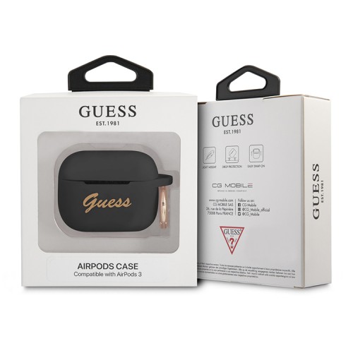 Чехол Guess Silicone Script logo с кольцом для Airpods 3 (2021), черный