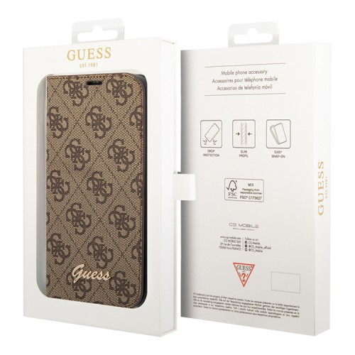 Чехол Guess PU 4G Script metal logo Booktype для iPhone 14 Plus, коричневый