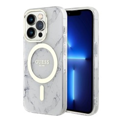 Чехол Guess Marble Hard для iPhone 14 Pro Max, белый/золотой (MagSafe)