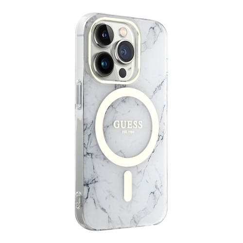 Чехол Guess Marble Hard для iPhone 14 Pro Max, белый/золотой (MagSafe)