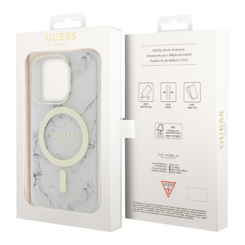 Чехол Guess Marble Hard для iPhone 14 Pro Max, белый/золотой (MagSafe)