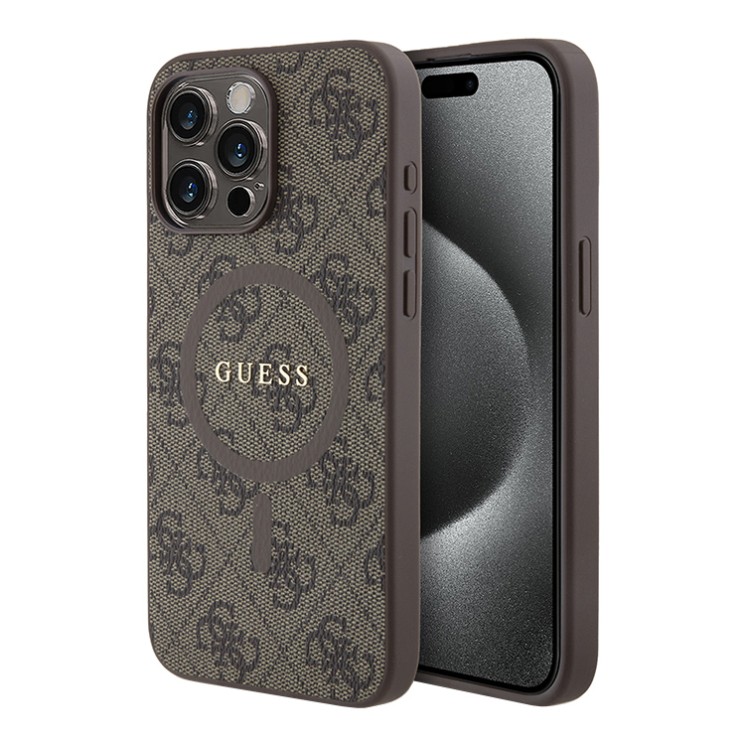 Guess для iPhone 14 Pro Max чехол PU 4G Colored ring Metal logo Hard Brown (MagSafe)