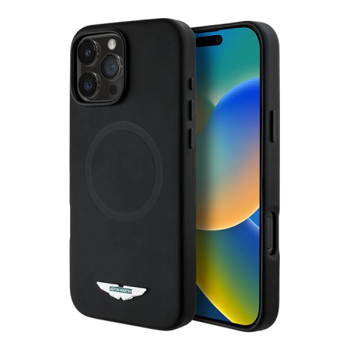 Aston Martin для iPhone 16 Pro Max чехол PU Full Wrapped Metal logo & Camera Hard Black (MagSafe)