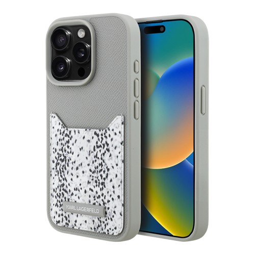 Karl Lagerfeld для iPhone 15 Pro Max чехол Cardslot PU Grained leather Leopard pocket Hard Grey