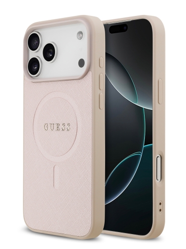 Guess для iPhone 17 Pro чехол PU Saffiano with Classic metal logo Hard Pink (MagSafe)