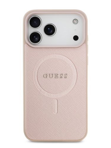 Guess для iPhone 17 Pro чехол PU Saffiano with Classic metal logo Hard Pink (MagSafe)