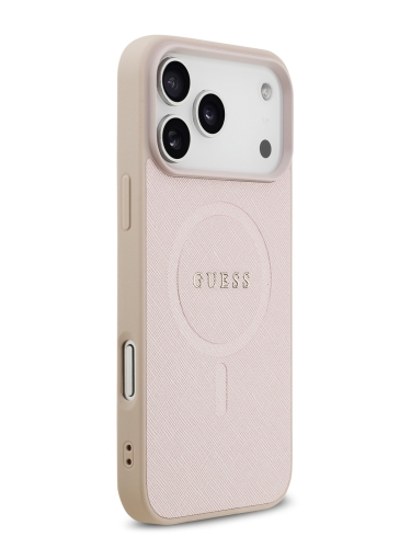 Guess для iPhone 17 Pro чехол PU Saffiano with Classic metal logo Hard Pink (MagSafe)