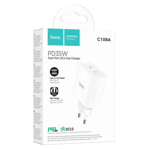 HOCO сетевое зарядное устройство C108A Leader charger Type-C PD35W + Type-C PD 35W White
