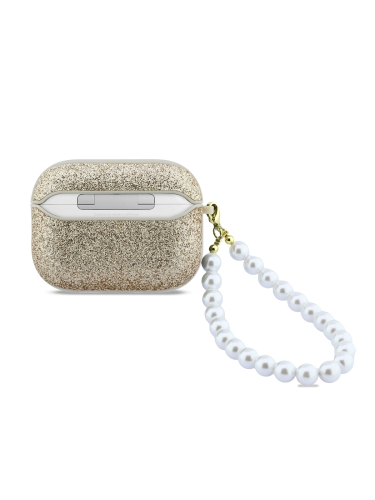 Guess для Airpods Pro 3 чехол Glitter flakes Metal logo with Pearl hand strap Gold