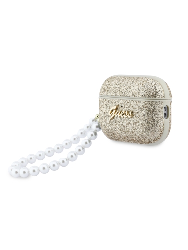 Guess для Airpods Pro 3 чехол Glitter flakes Metal logo with Pearl hand strap Gold