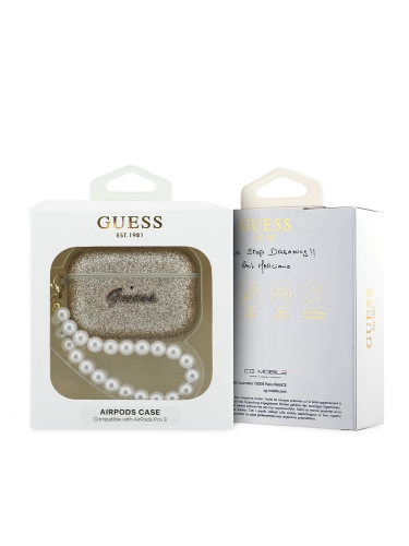 Guess для Airpods Pro 3 чехол Glitter flakes Metal logo with Pearl hand strap Gold