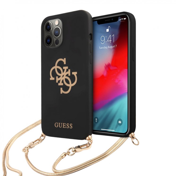 Чехол Guess Liquid Silicone 4G Big logo Hard +Gold chain для iPhone 12 Pro Max, черный