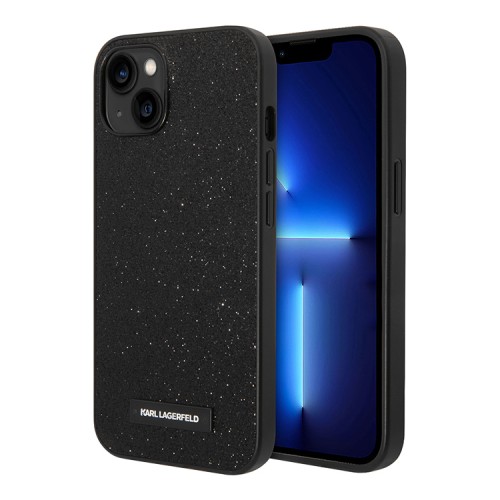 Чехол Lagerfeld Solid glitter Plaque logo Hard для iPhone 14, черный