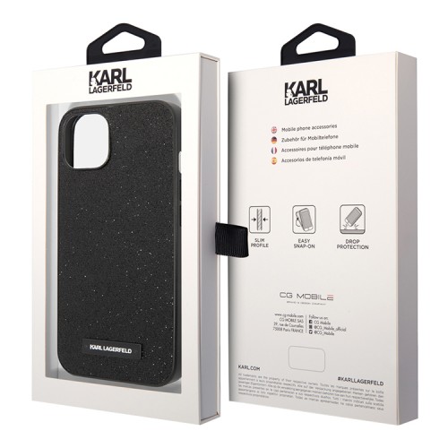 Чехол Lagerfeld Solid glitter Plaque logo Hard для iPhone 14, черный