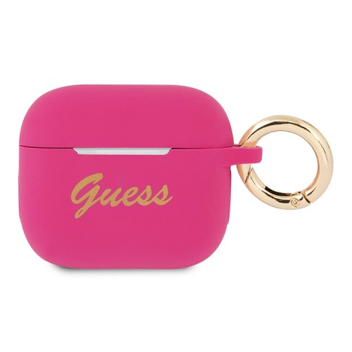 Чехол Guess Silicone Script logo с кольцом для Airpods 3 (2021), фуксия