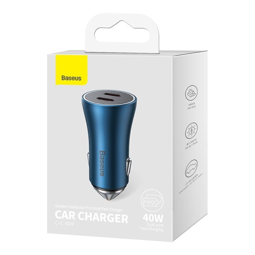 Автомобильная зарядка Baseus Golden Contactor Pro Dual Fast Charger CGJP000003 2*USB-C PD (40W), синяя
