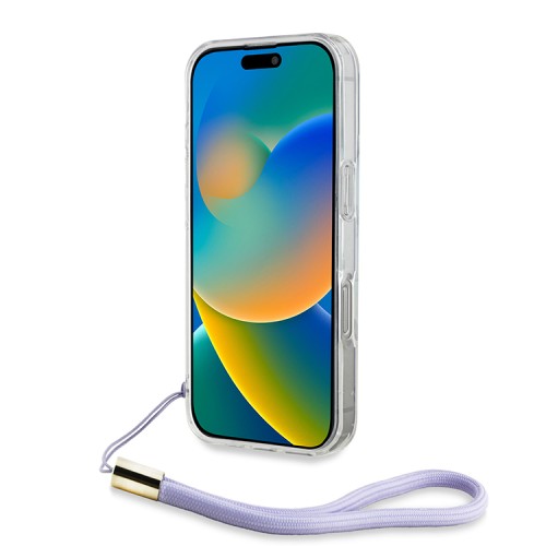 Guess для iPhone 16 Pro чехол PC/TPU Peony glitter + Nylon Hand cord Hard Iridescent Purple