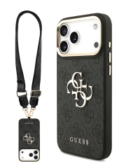 Guess для iPhone 17 Pro Max чехол Crossbody PU 4G Big metal logo Gold camera Hard + Strap Black