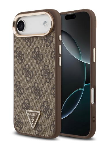Guess для iPhone Air чехол PU 4G Triangle Diamond metal logo Gold camera Hard Brown (MagSafe)