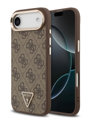 Guess для iPhone Air чехол PU 4G Triangle Diamond metal logo Gold camera Hard Brown (MagSafe)