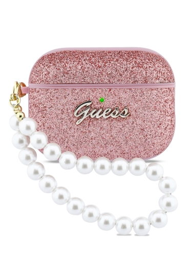 Guess для Airpods Pro 3 чехол Glitter flakes Metal logo with Pearl hand strap Pink