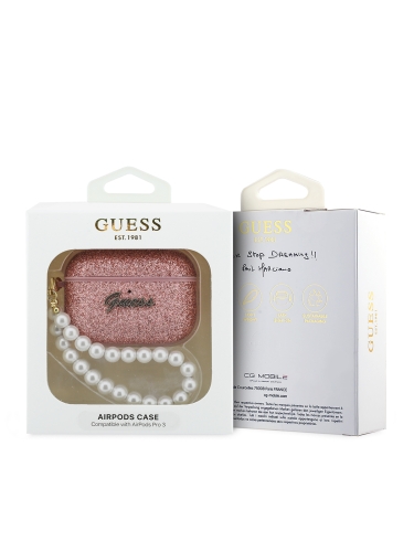 Guess для Airpods Pro 3 чехол Glitter flakes Metal logo with Pearl hand strap Pink