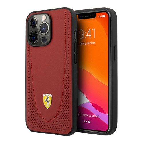 Кожаный чехол Ferrari Curved with metal logo Hard для iPhone 13 Pro Max, красный