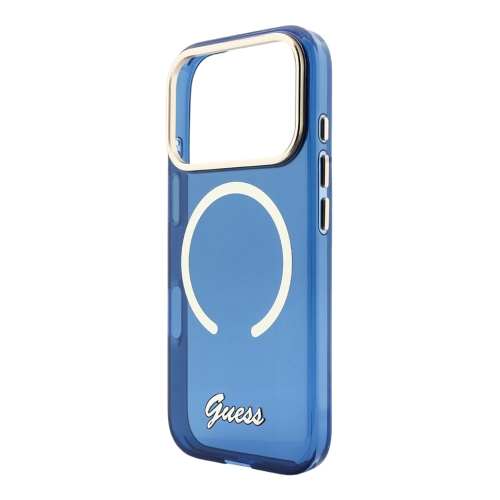 Guess для iPhone 17 Pro чехол IML Script Metal logo and Camera Hard Blue (MagSafe)