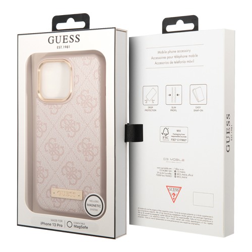 Чехол Guess PU 4G Plate metal logo Hard для iPhone 13 Pro, розовый (Magsafe)