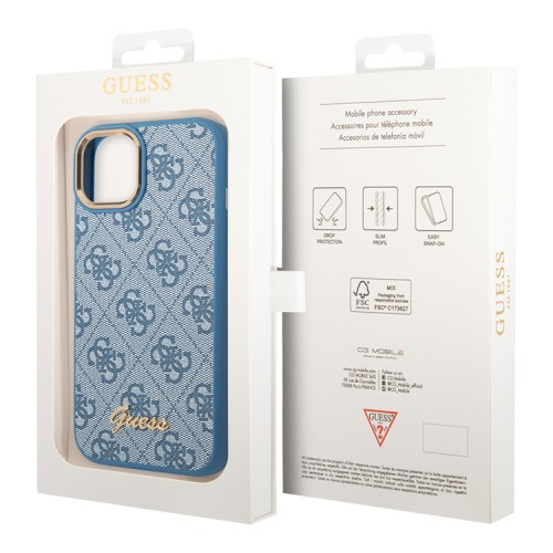 Чехол Guess PU 4G Script metal logo Hard для iPhone 14 Plus, голубой