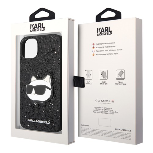 Чехол Lagerfeld Solid glitter NFT Choupette Hard для iPhone 14, черный