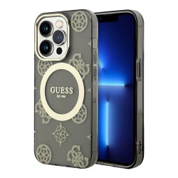 Чехол Guess Peony Glitter Hard для iPhone 14 Pro Max, черный/золотой (MagSafe)