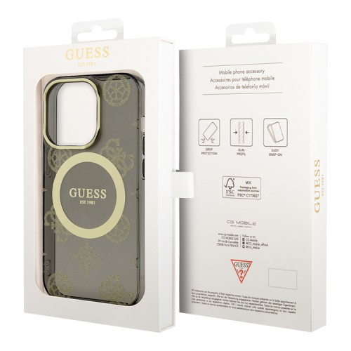 Чехол Guess Peony Glitter Hard для iPhone 14 Pro Max, черный/золотой (MagSafe)