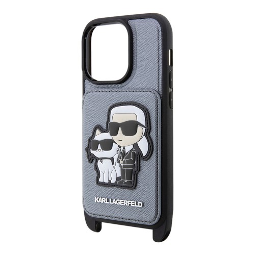 Karl Lagerfeld для iPhone 15 Pro чехол Crossbody cardslot PU Saffiano NFT Karl&Choupette Hard Silver