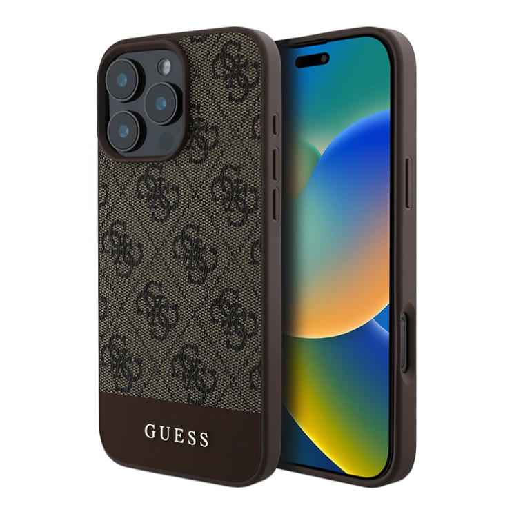 Guess для iPhone 16 Pro Max чехол PU кожа 4G Bottom stripe Metal logo Brown